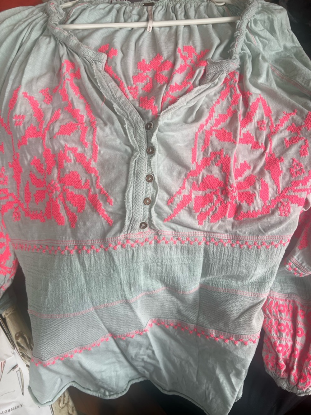 Free People Persuasion Mint Tunic Top with Neon Pink Floral Embroidery - Picture 4 of 4